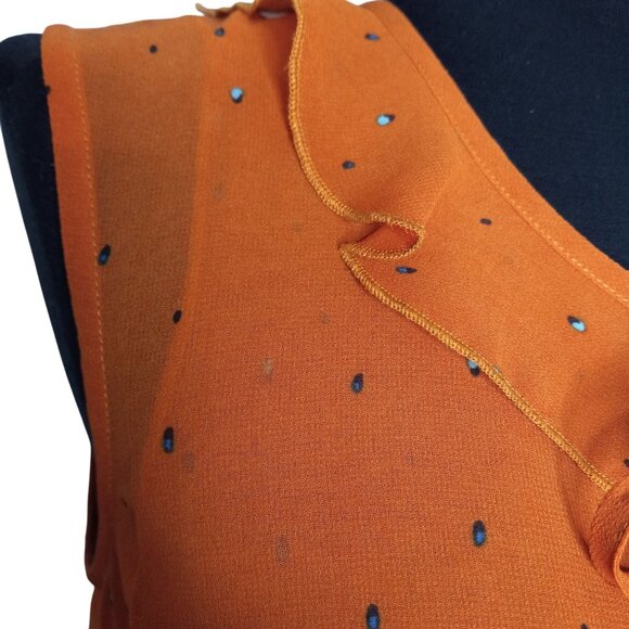 Cabi XS Tank Top Blouse Sleeveless Orange Sprinkle Polka Dot Ruffle Collar 3764 - Picture 6 of 9